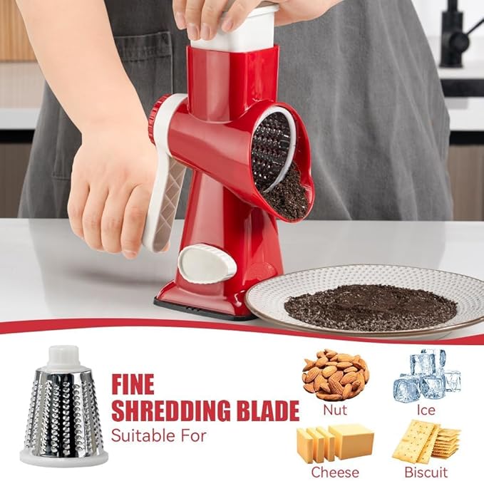 KEOUKE Rotary Cheese Grater Pro 6 in 1 - Shredder Crinkle Slicer Grinder Ice Shaver, Stable Suction, Time-saving Easy Use & Clean, Safe Morden Kitchen Tool for Cheese, Vegetable, Nuts, Chocolate