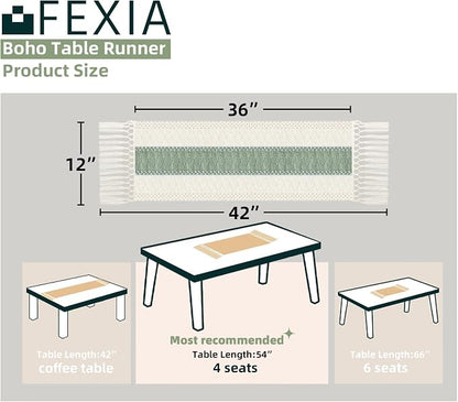 FEXIA Sage Green Table Runner 36 Inches Long with Tassels Boho for Summer Home Decor Rustic Macrame Farmhouse Table Cover for Wedding Party Bohemian Bridal Shower Dining Decorations(12x36 Inches)