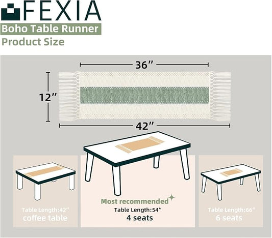 FEXIA Sage Green Table Runner 36 Inches Long with Tassels Boho for Summer Home Decor Rustic Macrame Farmhouse Table Cover for Wedding Party Bohemian Bridal Shower Dining Decorations(12x36 Inches)