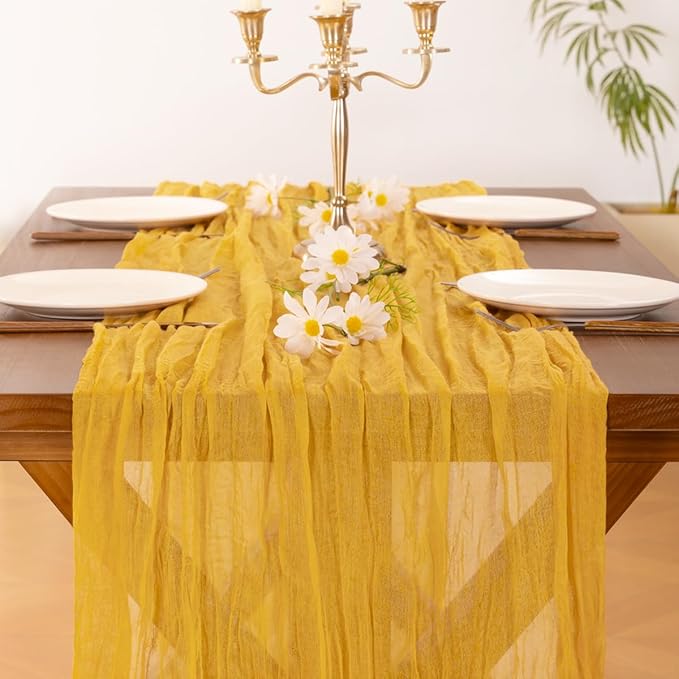 Socomi Gold Yellow Cheesecloth Table Runner Valentine's Day Boho Rustic Gauze 120 inch 10FT Cheese Cloth Runner for Wedding Party Baby Shower Birthday Home Decor Holiday Decorations