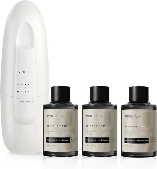 VINEVIDA Studio Waterless Diffuser and 3 Hotel Fragrance Oils - Essential Oil Diffuser for Home - Room Fragrance Air Diffuser [White Aroma Diffuser]