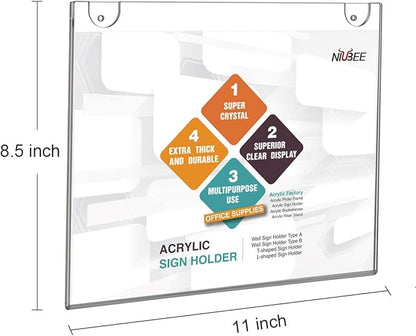 NIUBEE 12-Packs Acrylic Wall Sign Holder 8.5x11 Horizontal, Clear Plastic Picture Frames , Wall Mounted Design.