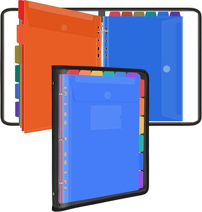 Uquelic Document Organizer, Soft PVC Binder with 12 Colorful Pockets - Zipper Binder 3 Ring with Dividers Letter Size (11'' x 8.5'')-Large Capacity Cute Folder for School, Office & Home Use (Black)