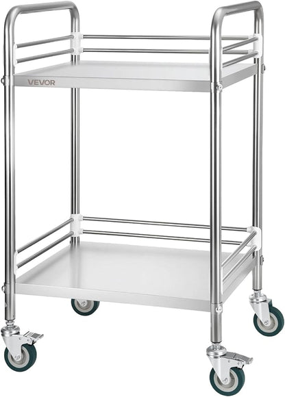 VEVOR Stainless Steel Rolling Cart, 2-Tier Metal Utility Cart with Lockable Wheels, Medical Serving Trolley Clinic Tray, Mobile Service Cart for Hospital, Lab, Restaurant, Kitchen, Salon