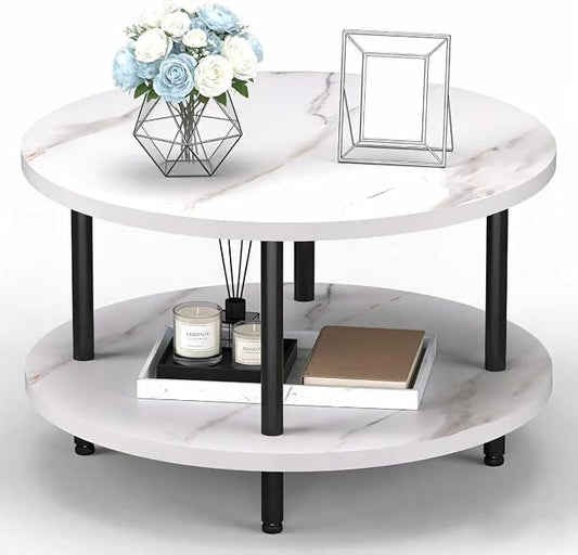 FAMIDGE Round Coffee Table, 23.6" Circle Coffee Table for Living Room, 2-Tier Wood Accent Center Table with Open Storage Industrial Design Home Furniture, White