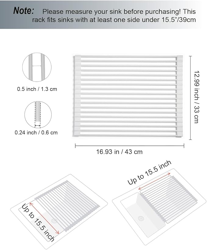 Roll Up Dish Drying Rack Over Sink, 16.93" x 12.99" Foldable Silicone Wrapped Stainless Steel Over The Sink Dish Drying Rack, White