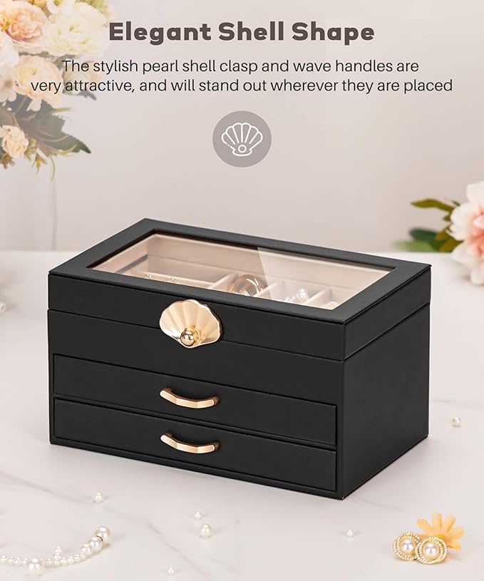Jewelry Box with 2 Drawers: Display Organizer for Earrings Necklaces - Gifts for Girls Women (Black)