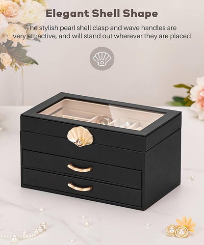 Jewelry Box with 2 Drawers: Display Organizer for Earrings Necklaces - Gifts for Girls Women (Black)