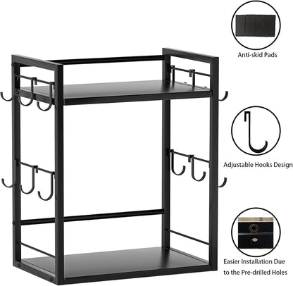 Dorhors 2 Tier Coffee Bar Accessories and Organizer,Multi-functional Mug Holder with 12 Hooks,Wood Coffee Station Organizer,Kitchen Countertop Shelf (Black)