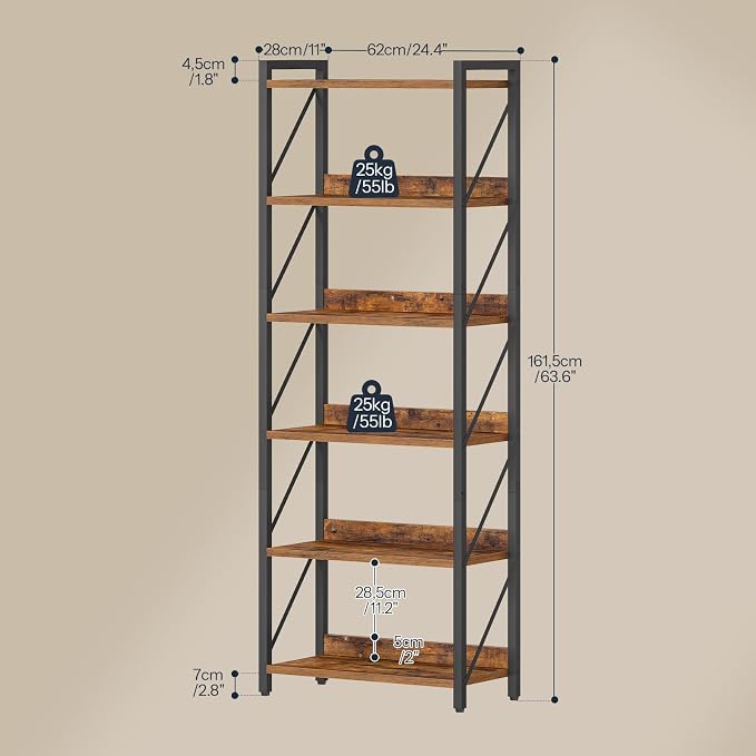 HOOBRO Bookshelf, 6-Tier Industrial Bookcase, Book Shelf Storage Organizer, Tall Bookshelf with Metal Frame for Living Room, Bedroom, Home Office, Kitchen, Rustic Brown and Black BF726SJ01
