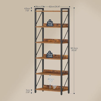 HOOBRO Bookshelf, 6-Tier Industrial Bookcase, Book Shelf Storage Organizer, Tall Bookshelf with Metal Frame for Living Room, Bedroom, Home Office, Kitchen, Rustic Brown and Black BF726SJ01