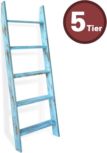 Honest Blanket Ladders for the Living Room, 5-Tier Blanket Holder, Wall-Leaning Blanket Rack, Ladder Shelves, Wooden Quilt Ladder, Farmhouse Decor, Blue