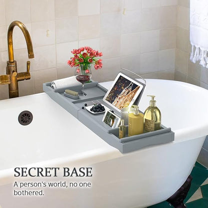 Bath Caddy Tray for Bathtub - Bamboo Adjustable Organizer Tray for Bathroom with Soap Dish Suitable for Luxury Spa or Reading(Bluish Grey)