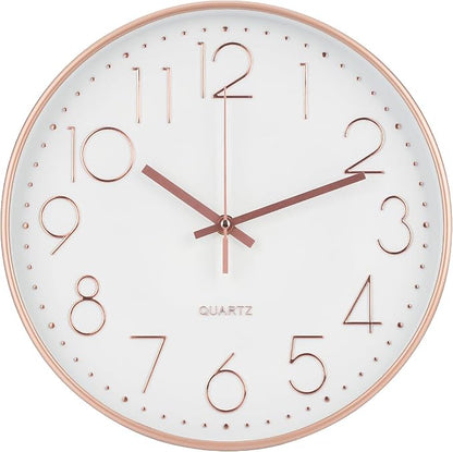 Wall Clock Non-Ticking Silent Modern Simple Style Round Decor Clock Stereoscopic Dial Quartz Wall Clocks for Home/Office/School/Living Room/Bedroom/Kitchen (Rose Gold, 8inch)