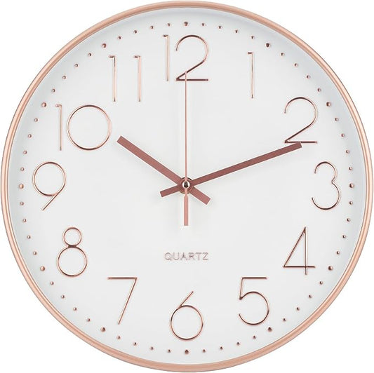 Wall Clock Non-Ticking Silent Modern Simple Style Round Decor Clock Stereoscopic Dial Quartz Wall Clocks for Home/Office/School/Living Room/Bedroom/Kitchen (Rose Gold, 8inch)