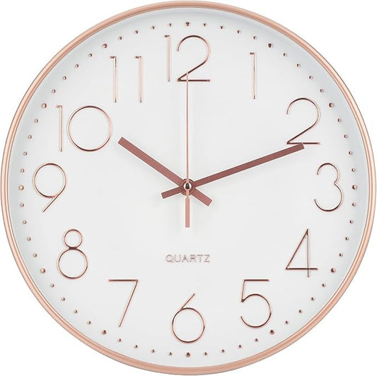 Wall Clock 12 Inch Non-Ticking Silent Modern Simple Style Round Decor Clock Rose Gold Stereoscopic Dial Quartz Wall Clocks for Home/Office/School/Living Room/Bedroom/Kitchen