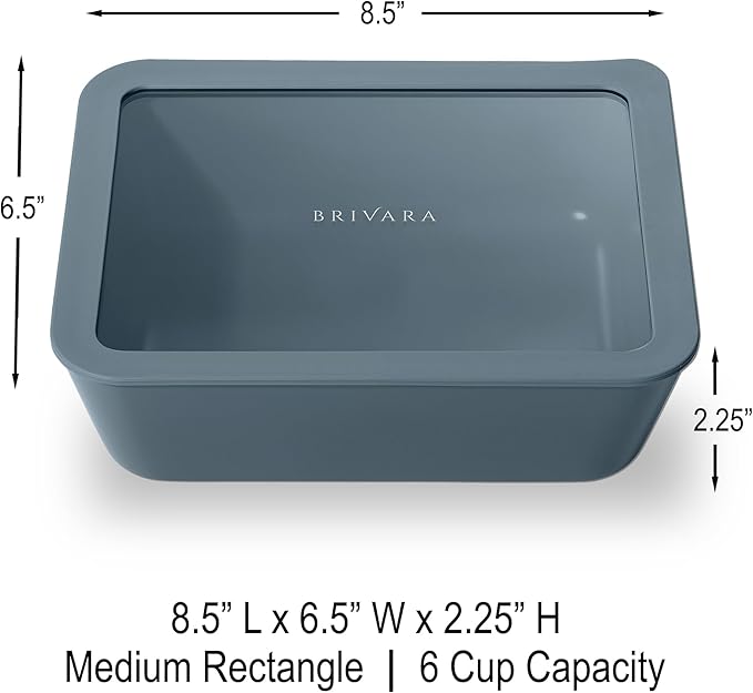BRIVARA HOME Ceramic Coated Glass Food Storage Container | No PTFE, PFOA, PFAS, and BPA | Reusable Non Toxic Meal Prep Container with Glass Lid | Easy To Store | 6 Cup Rectangle [Dusk]