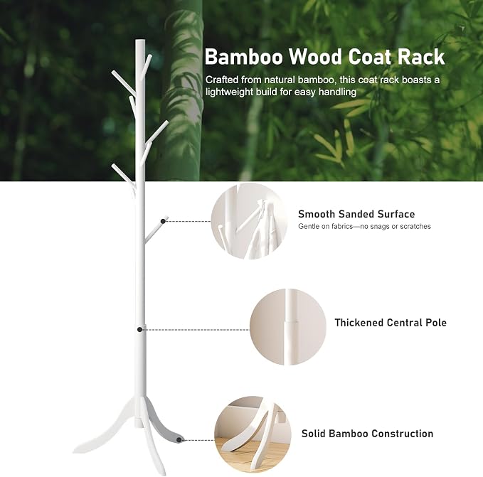 kiplant Coat Rack Stand with 8 Hooks, Adjustable Coat Standing Tree Easy Assembly for Coats, Hats, Scarves and Handbags for Entryway, Hallway, Bedroom, Office (Bamboo, White)