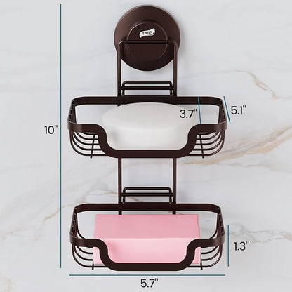 TAILI Double Layer Soap Holder, Bar Soap Dish Suction Cup for Shower Wall, Draining Saver Tray for Bathroom, Rustproof Stainless Steel Sponge Holder for Tub, Kitchen, Drill-Free, Brown