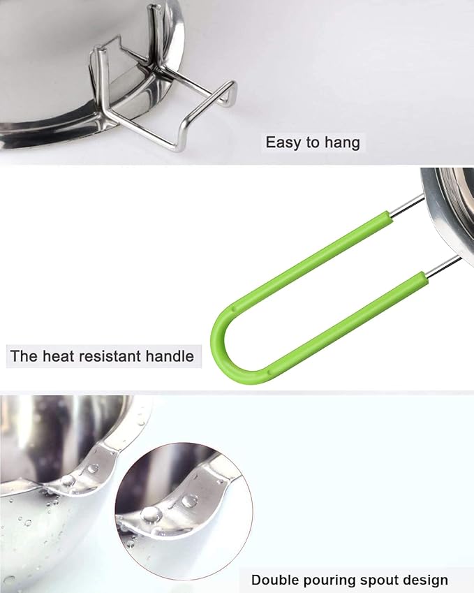 Double Boiler Pot Set, Stainless Steel Melting Pot with Silicone Spatula for Melting Chocolate, Soap, Wax, Candle Making (600ml and 1600ml,Green)
