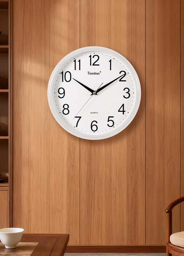 Wall Clock Silent Non-Ticking Battery Operated 12 Inch Wood Grain Large Easy to Read 3D Numbers for Office Living Room Bedroom Kitchen (White)