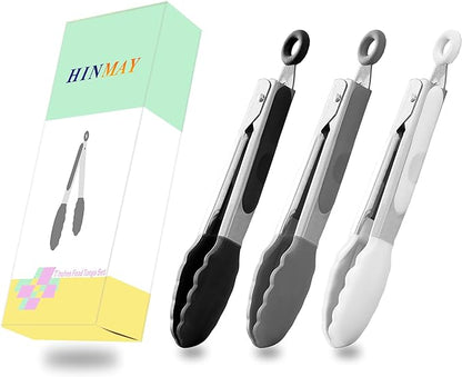 HINMAY Small Silicone Tongs 7-Inch Mini Serving Tongs, Set of 3 (Black Gray White)