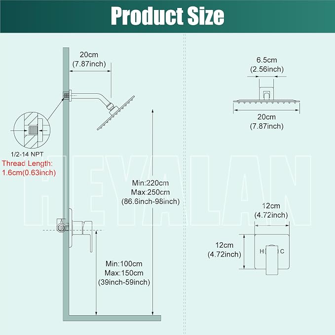 Heyalan Shower Faucet Set with Valve, Bathroom Rainfall Shower System, Wall Mount Single Handle Shower Trim Kit, Rainfall Fixed Shower Head, 8 Inch Square Shower Head, Matte Black