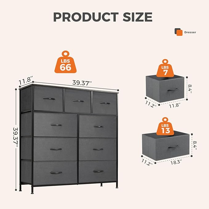 Sweetcrispy 9 Drawer Fabric Dresser Tall Chest Storage Organizer Tower with Cabinet Metal Frame and Wood Top Lightweight Closet Furniture for Bedroom, Charcoal Grey