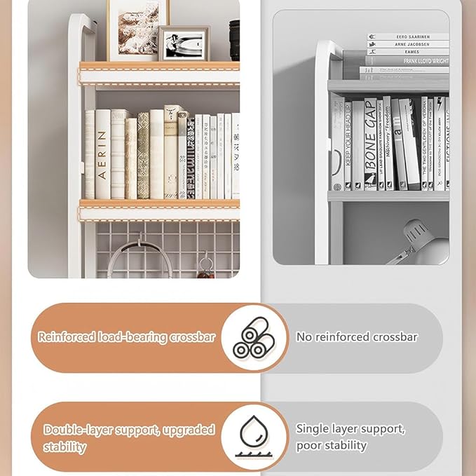 Desktop Hutch Bookshelf, 2-Tier Metal Desk Shelf with Grid Panel, Wooden Desktop Display Rack for Computer Monitor, Countertop Storage Organizer for Office Home Dorm (115cm White)