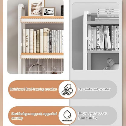 Desktop Hutch Bookshelf, 2-Tier Metal Desk Shelf with Grid Panel, Wooden Desktop Display Rack for Computer Monitor, Countertop Storage Organizer for Office Home Dorm (115cm White)