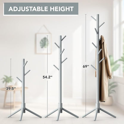 Hupmad Wooden Tree Coat Rack Stand,Sturdy Freestanding Coat Rack with 8 Hooks,3 Adjustable Height for Child Adult,Wood Coat Stand Tree Fits Entryway Bedroom Office for Bags,Hats