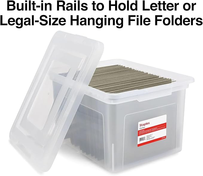 STAPLES Plastic File Box with Snap Lid, Letter/Legal Size, Clear, 4/Carton