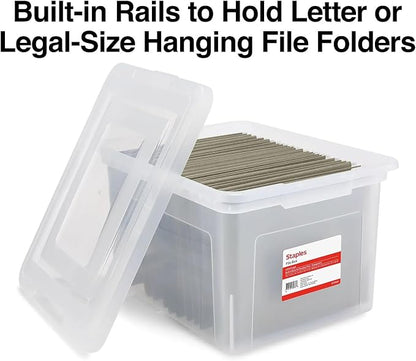 STAPLES Plastic File Box with Snap Lid, Letter/Legal Size, Clear, 4/Carton