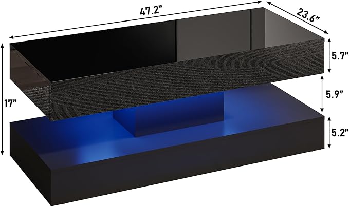 Uspeedy 47.3in Large High Glossy LED Coffee Table with 2 Storage Drawers,Black/White Modern Coffee Tables for Living Room,Living Room Tables,APP LED Lights (Black)
