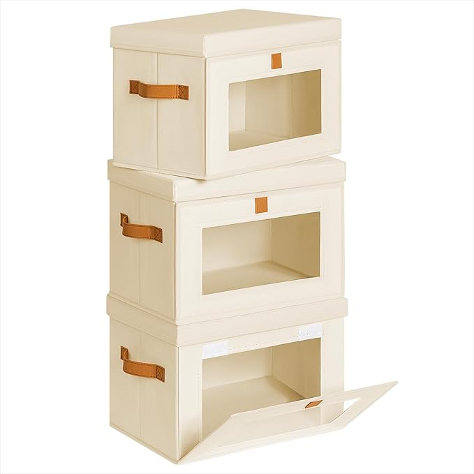 Homsorout Medium Fabric Storage bins - Collapsible Storage Bins with Open Window, 3 Pack Closet Baskets for Shelves, Stackable Decorative Boxes for Home, Dorm, Beige, 13.7"x 9.8" x 9.8"