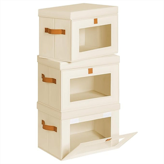 Homsorout Medium Fabric Storage bins - Collapsible Storage Bins with Open Window, 3 Pack Closet Baskets for Shelves, Stackable Decorative Boxes for Home, Dorm, Beige, 13.7"x 9.8" x 9.8"