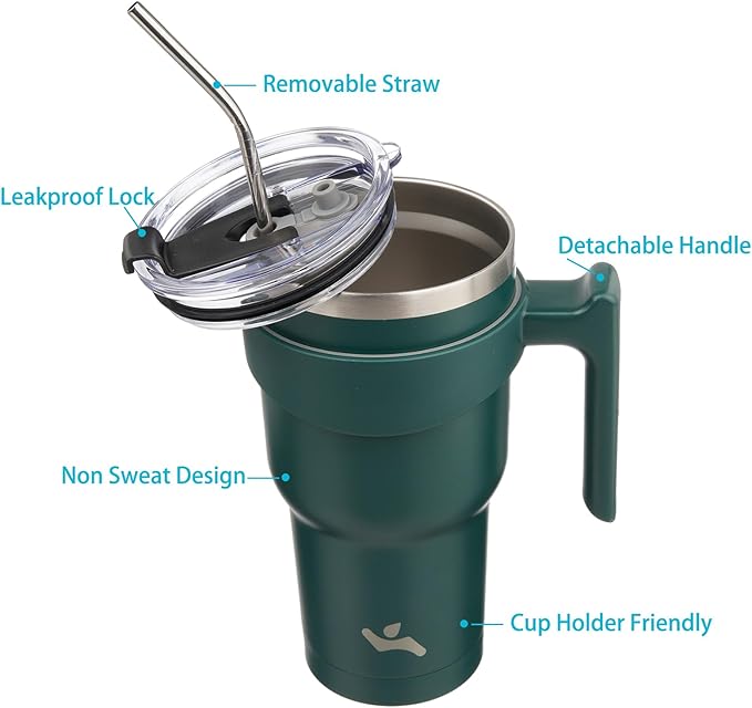 40 oz Tumbler with Handle and 2 Straw 2 Lid, Insulated Water Bottle Stainless Steel Vacuum Cup Reusable Travel Mug,Army Green