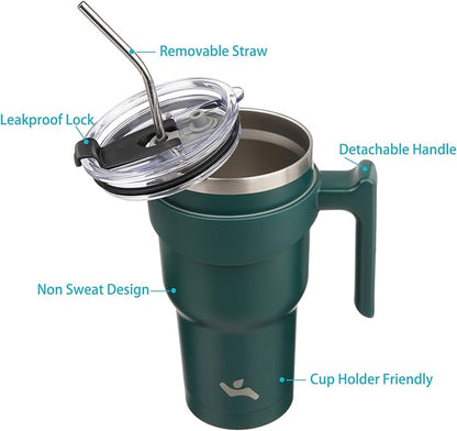 40 oz Tumbler with Handle and 2 Straw 2 Lid, Insulated Water Bottle Stainless Steel Vacuum Cup Reusable Travel Mug,Army Green
