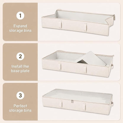 Vailando Side-Supported Under Bed Storage Containers, 6 Inches Tall 60L Underbed Storage Bins with Sturdy Handles and Sidewalls, Closet Organizer for Clothes, Blankets, Seasonal Items, Beige, 2-Pack