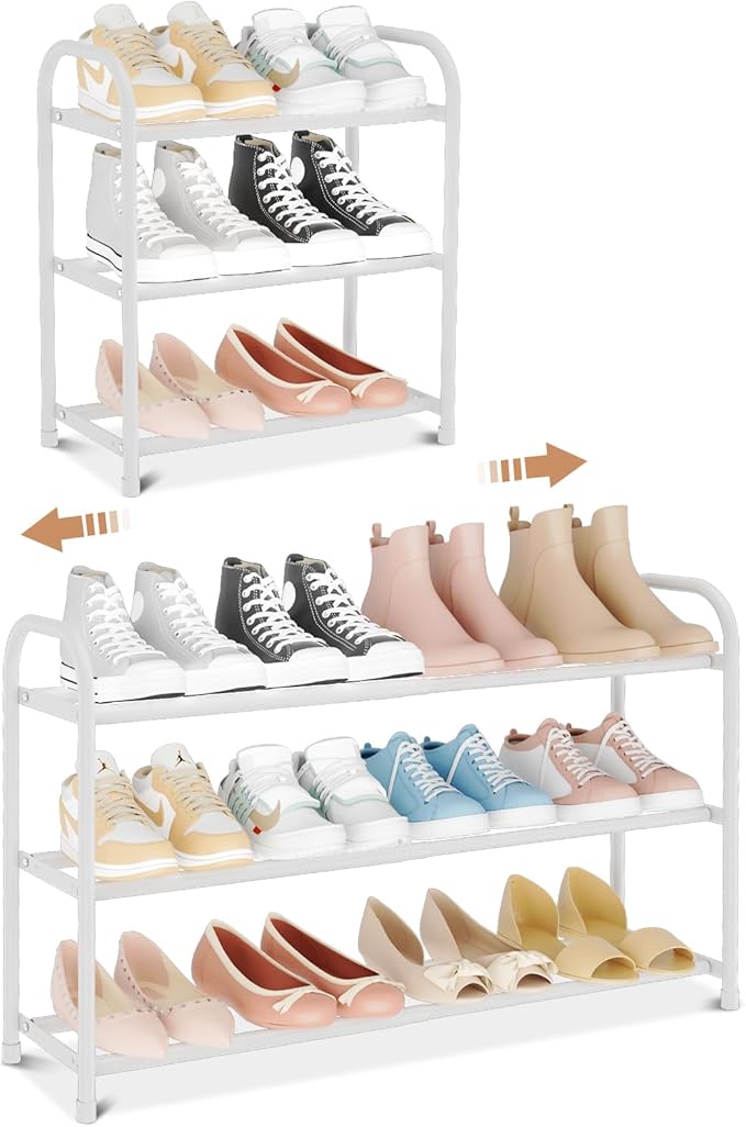 Expandable Shoe Rack for Closet, 18"-32" Metal Shoe Rack for Entryway 3-Tier Adjustable Width Free Standing Shoe Shelf 12 Pairs Small Shoe Organizer for Front Door Garage Bedroom Dorm, White
