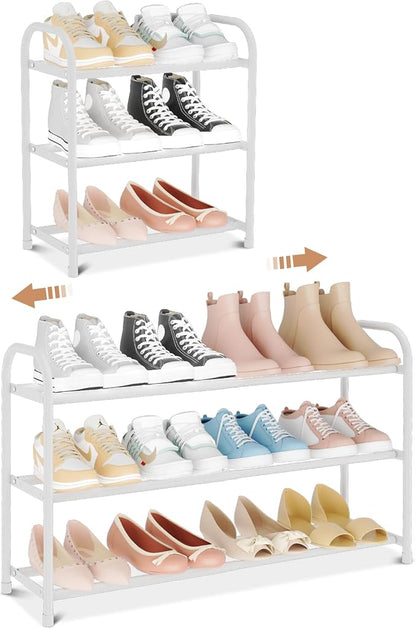 Expandable Shoe Rack for Closet, 18"-32" Metal Shoe Rack for Entryway 3-Tier Adjustable Width Free Standing Shoe Shelf 12 Pairs Small Shoe Organizer for Front Door Garage Bedroom Dorm, White