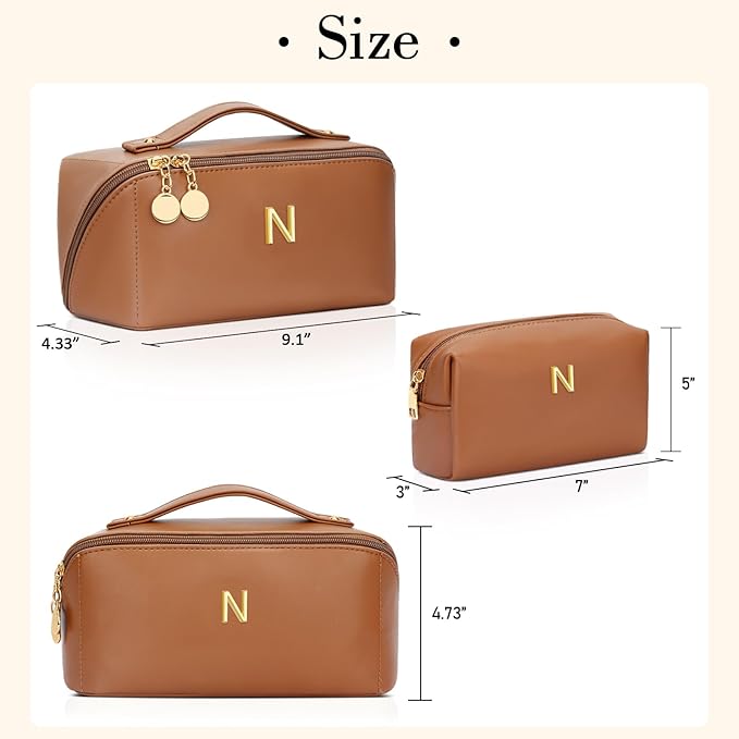 Valentine's Day Gifts for Women Teen Girl, Personalized Initial Makeup Organizer Bag Set, Open Flat Travel Cosmetic Bag With Clear Divider and Handle(Brown,N)