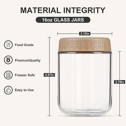SHOWIN Overnight Oats Containers with Lids, 16oz Glass Jars with Lids 4 pcs, Taffy, Wide Mouth Mason jars for Salad, Yogurt, Snacks, Meal Prep
