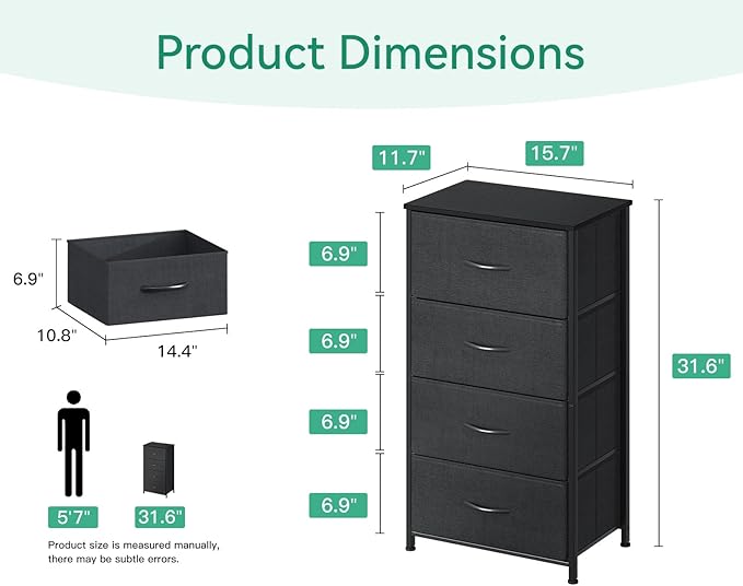 AODK Dresser for Bedroom with 4 Storage Drawers, Small Dressers Chest of Drawers Fabric Dresser with Sturdy Steel Frame, Black