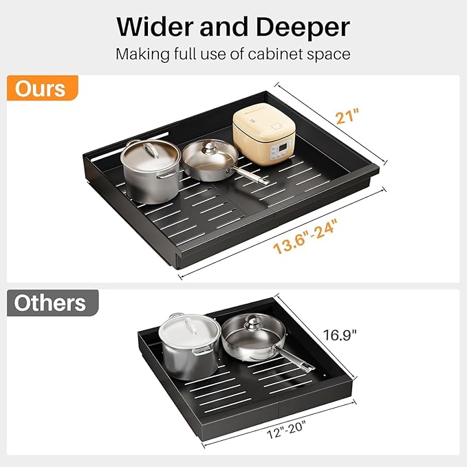 Pull out Cabinet Organizer, 4-Pack Expandable(13.6"-24") Silde out Drawers with Raising Pad for Framed Cabinets, Adjustable Full-Extension Roll out Shelves for Kitchen Pantry Home Pot and Pan(Black)
