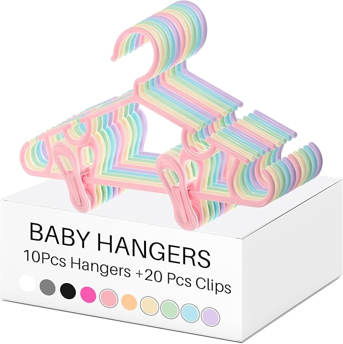 Hsei 5/10/40 Pack Baby Hangers with 10/20/80 Clips, Plastic Kids Pants Hangers for Nursery Closet Top and Bottom Clothes Hanger Set for Newborn Infant Toddler(30 Packs Total,Fresh Color,10.6 Inch)