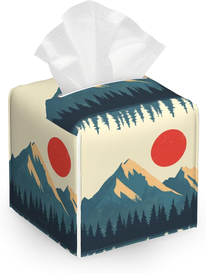 Tissue Box Cover,Boho Mountains Sun Leather Tissue Holder Organizer Portable Square Decorative Facial Paper Case for Home Office Bathroom Vanity Countertop