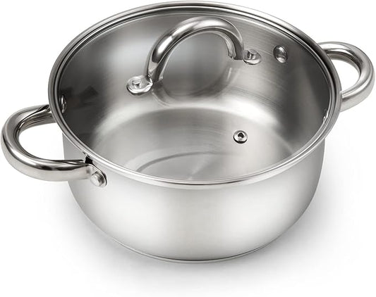 Cook N Home Basics 3 Quart Stainless Steel Stock Pot with Lid, Cooking Pot for Pasta, Soup, Sturdy Handle, Stockpot with Even Heating, Oven & Dishwasher Safe, Cookware for Canning, Boiling, Simmer