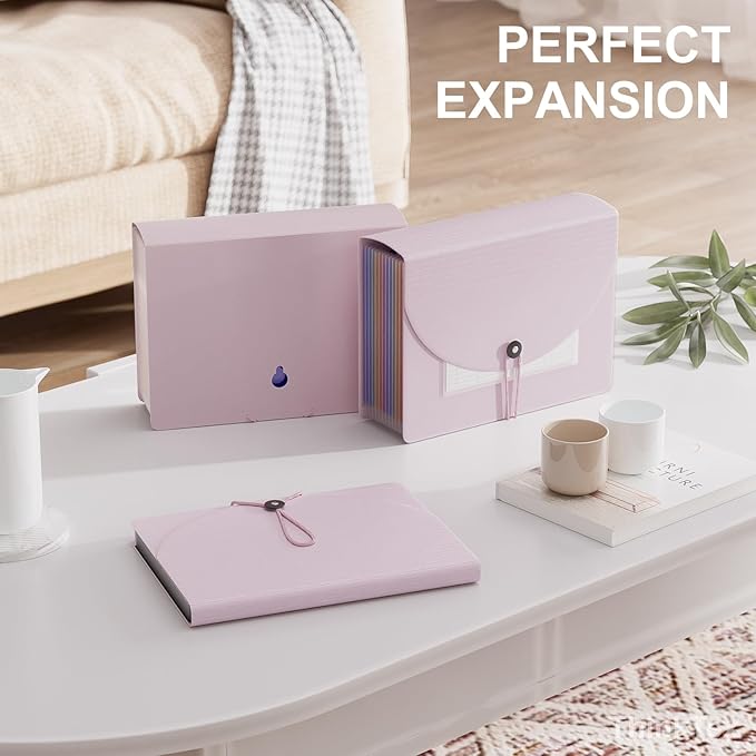 ThinkTex Accordion File Organizer, 12 - Pocket Expanding File Folders for Paper Receipts, Bills & Taxes Organizer, Letter/A4 Size Document Holder for School, Office, Home with tabs-Pinkish Purple