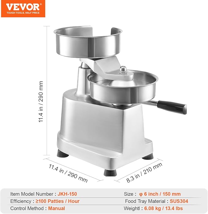 VEVOR Commercial Burger Patty Maker, 150mm/6inch Hamburger Beef Patty Maker, Heavy Duty Food-Grade Stainless Steel Bowl Burger Press Machine, Kitchen Meat Forming Processor with 1000 Pcs Patty Papers